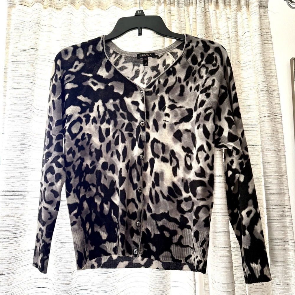 Escada Womens Leopard Design Virgin Wool Sparkle Cardigan Animal Print Sz XS